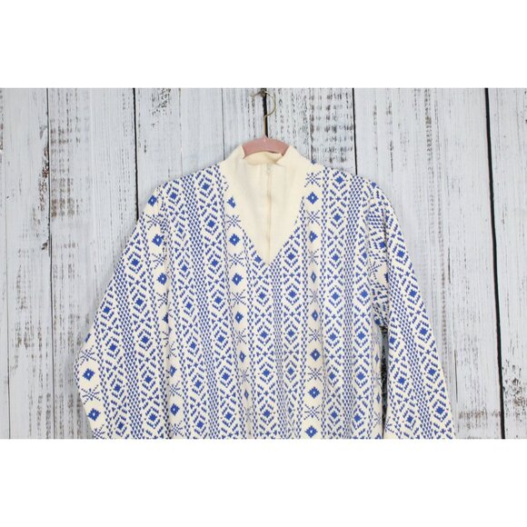 Vintage LL Bean Blue White Nordic Snowflake Quarter Zip Sweater Large - Picture 2 of 9